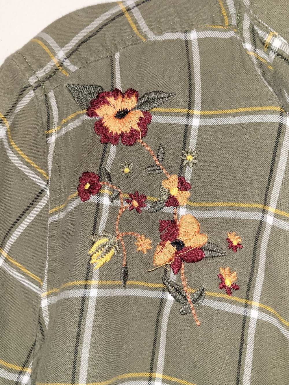 Terra & Sky Olive Green Plaid Button-Down Shirt with Floral Embroidery - Picture 3 of 4